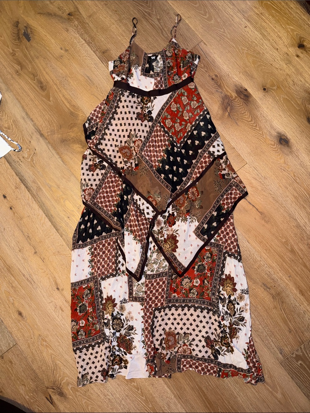 W by Worth Patchwork Midi Dress in Rust, Brown, Black, Cream boho patchwork